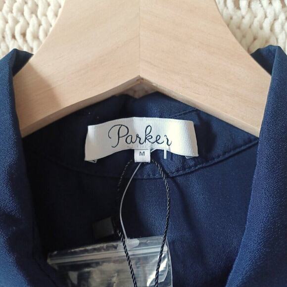 NWT Parker Aquarius Overlay Lace Trim Shirt Dress Navy Blue M Lace Hem - Picture 7 of 11